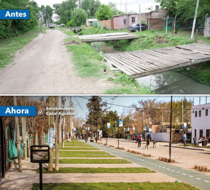 WhatsApp Image 2023-07-17 at 19.23.05 De esta forma, el arroyo Agustoni pasa de manera subterránea por un conducto de hormigón de doble celda debajo de Santa Águeda. Además, esta calle fue pavimentada con cordón cuneta y sumideros. Y por allí empezará a pasar el transporte público. También se hicieron veredas, accesos vehiculares, bicisenda, área de esparcimiento y sector aeróbico, entre otros espacios. Así, se mejora el entorno y la circulación en el barrio, con una mirada integradora para toda la comunidad.